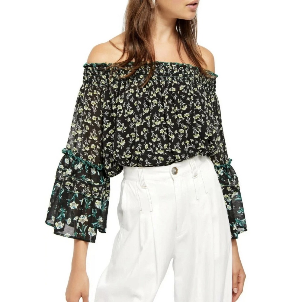 Free People Rose Valley Off The Shoulder Floral Blouse M Boho Peasant Whimsical
